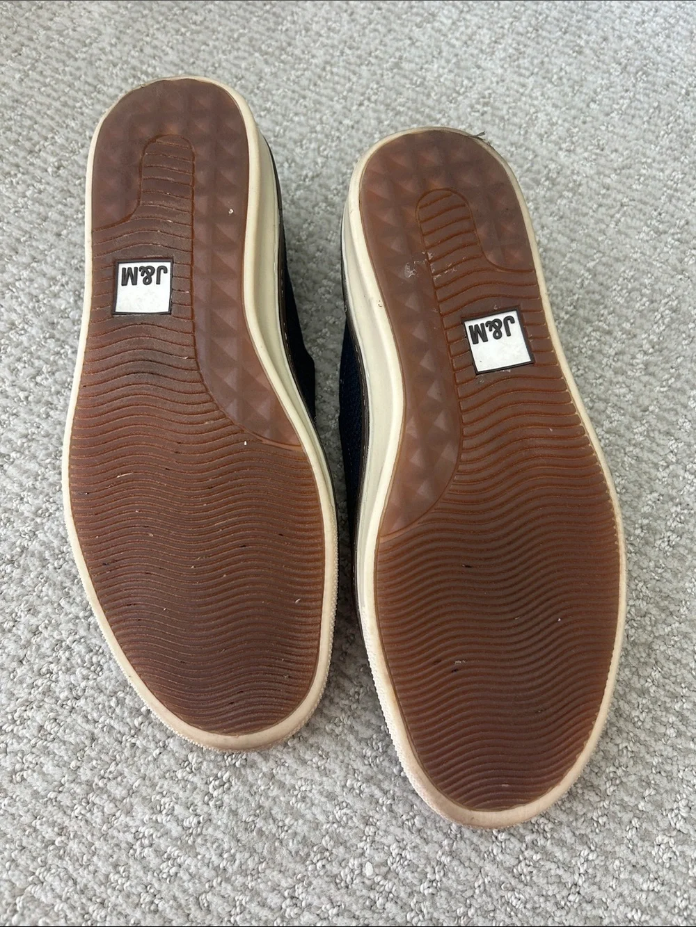 J&M Men's Navy Knit Slip-On Loafers with Brown Trim